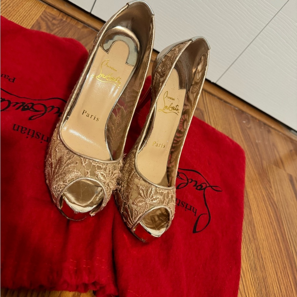 Christian Louboutin Lace Gold Peep-Toe Heels